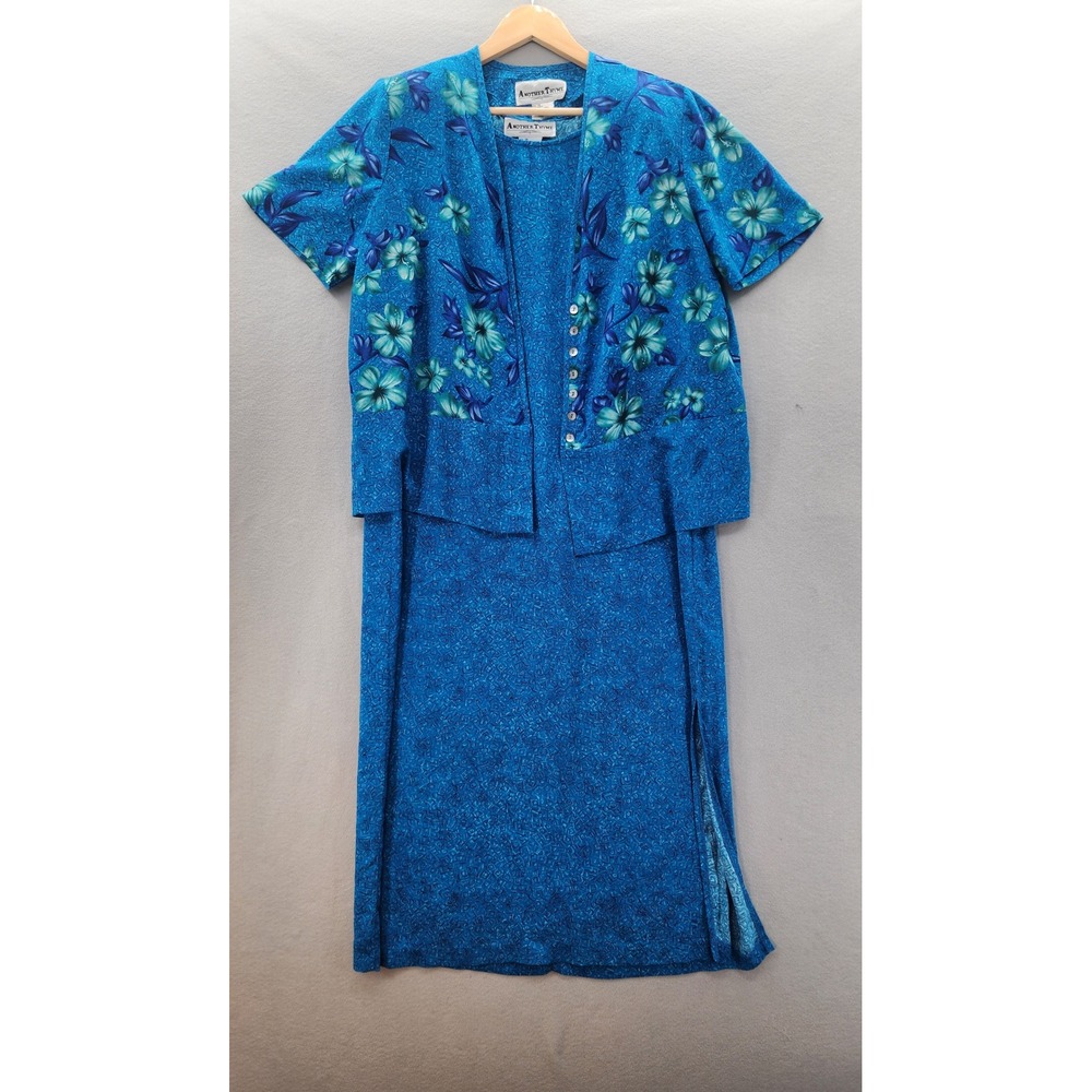 Another Thyme Vintage 90s Tropical Floral Blue Maxi Dress & Jacket Set Size 16